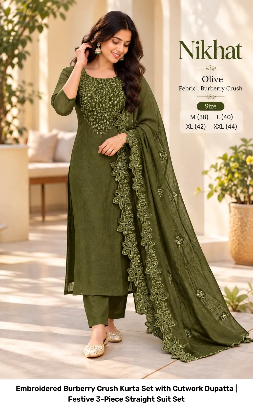 Embroidered Burberry Crush Kurta Set with Cutwork Dupatta | Festive 3-Piece Straight Suit Set 11