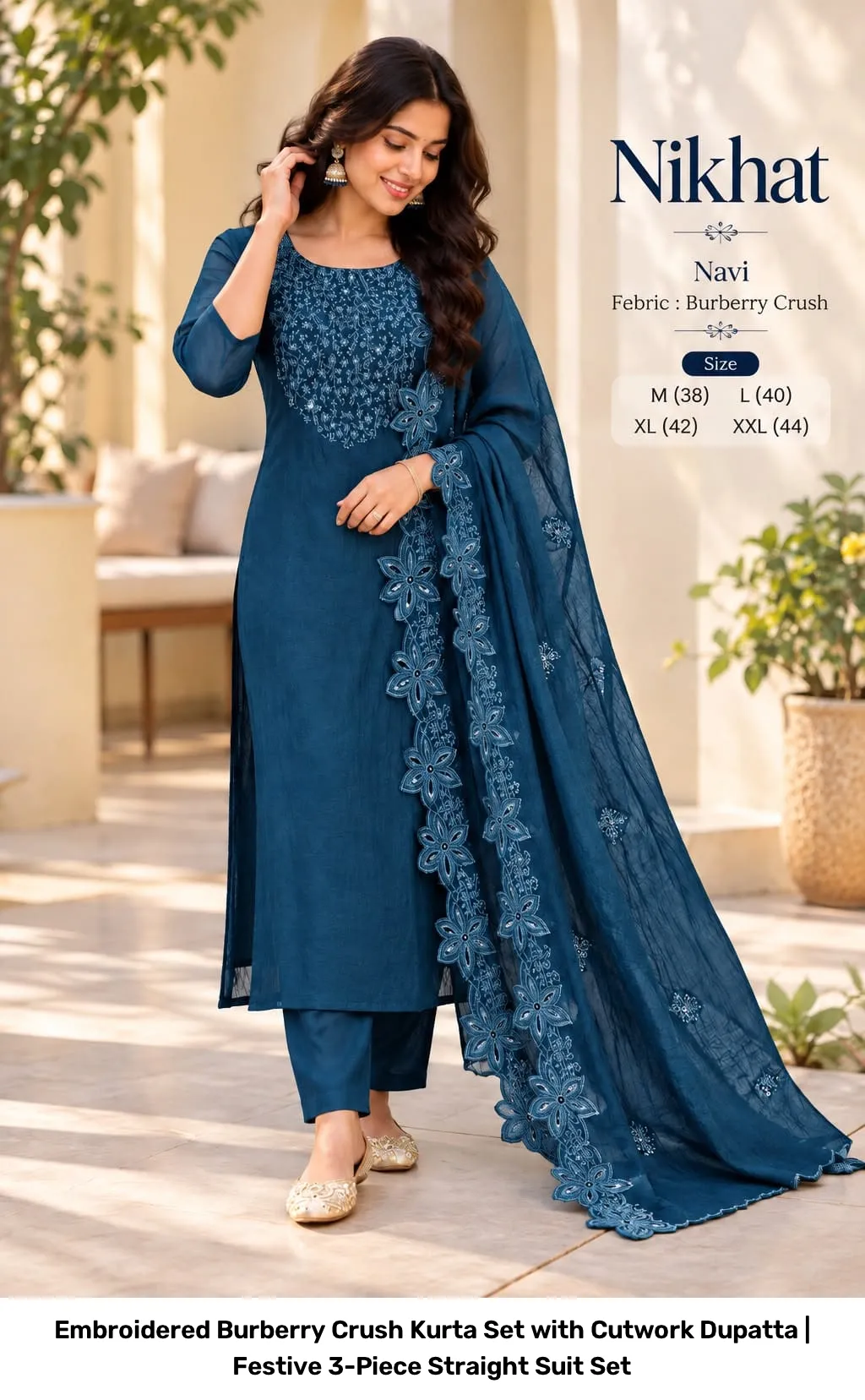 Embroidered Burberry Crush Kurta Set with Cutwork Dupatta | Festive 3-Piece Straight Suit Set 2