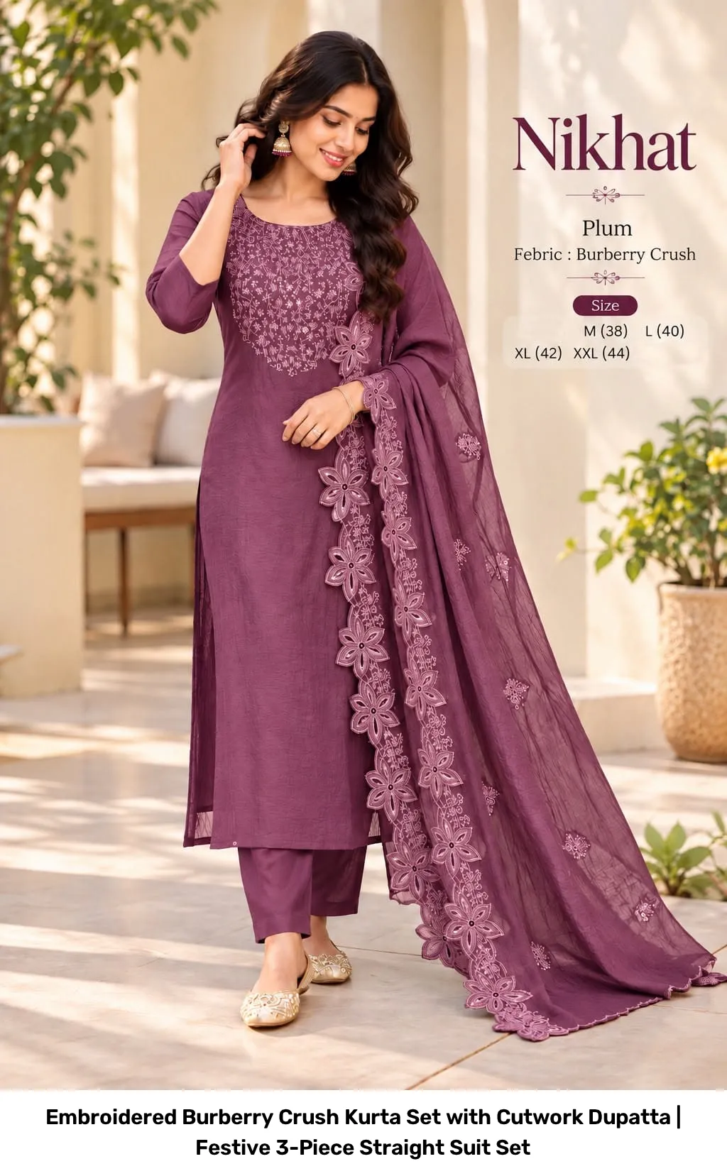 Embroidered Burberry Crush Kurta Set with Cutwork Dupatta | Festive 3-Piece Straight Suit Set 3