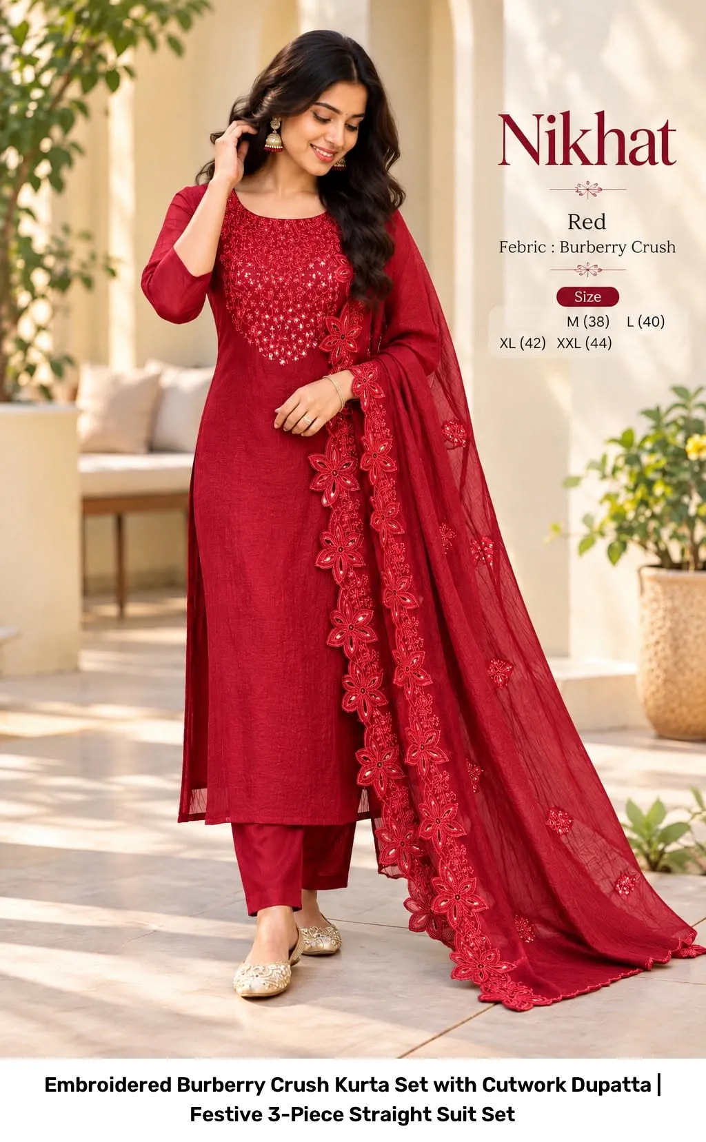 Embroidered Burberry Crush Kurta Set with Cutwork Dupatta | Festive 3-Piece Straight Suit Set 4
