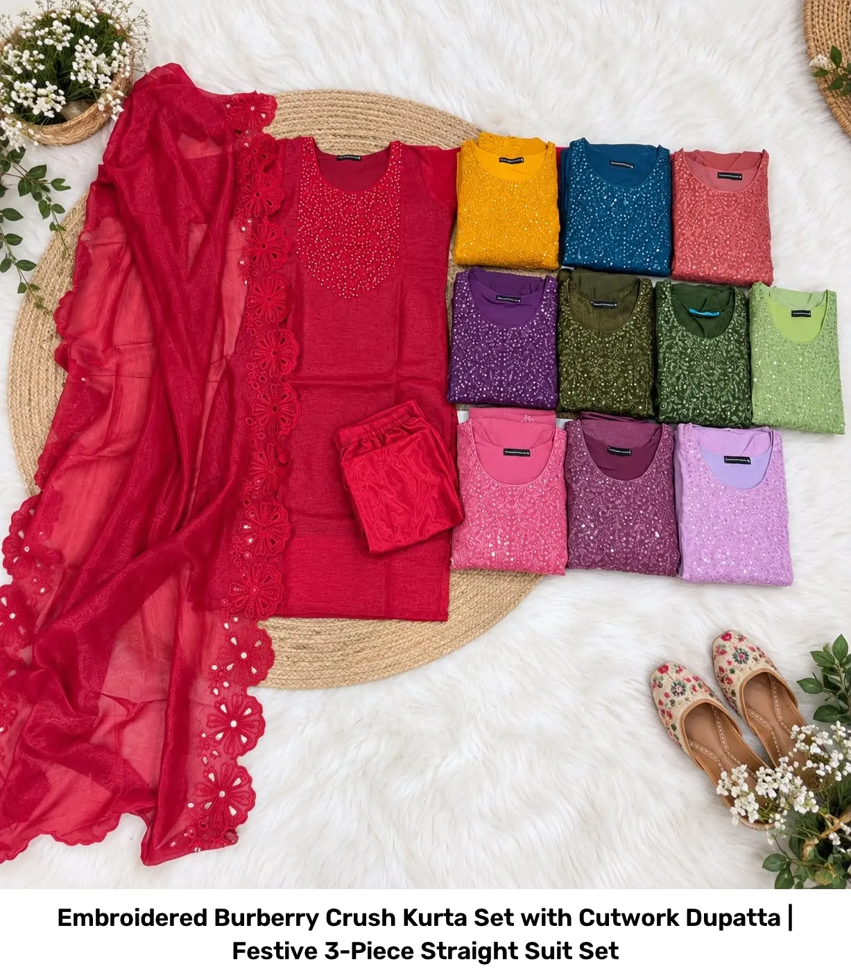 Embroidered Burberry Crush Kurta Set with Cutwork Dupatta | Festive 3-Piece Straight Suit Set 5