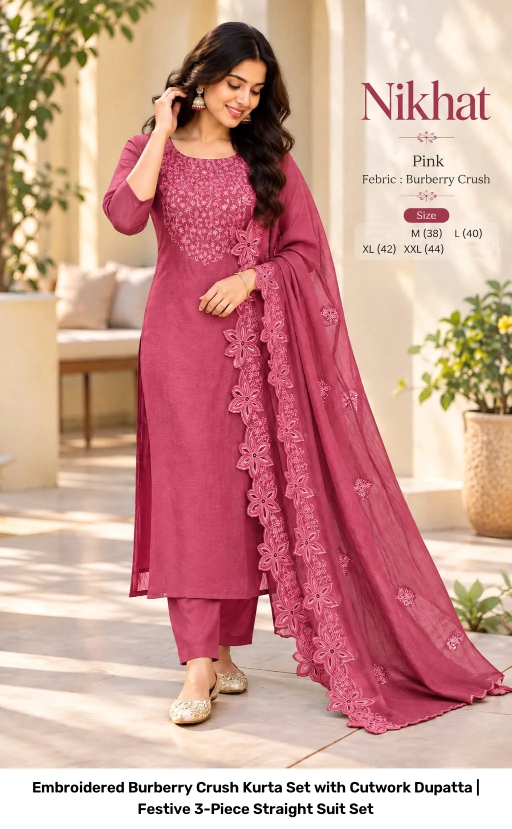 Embroidered Burberry Crush Kurta Set with Cutwork Dupatta | Festive 3-Piece Straight Suit Set 6
