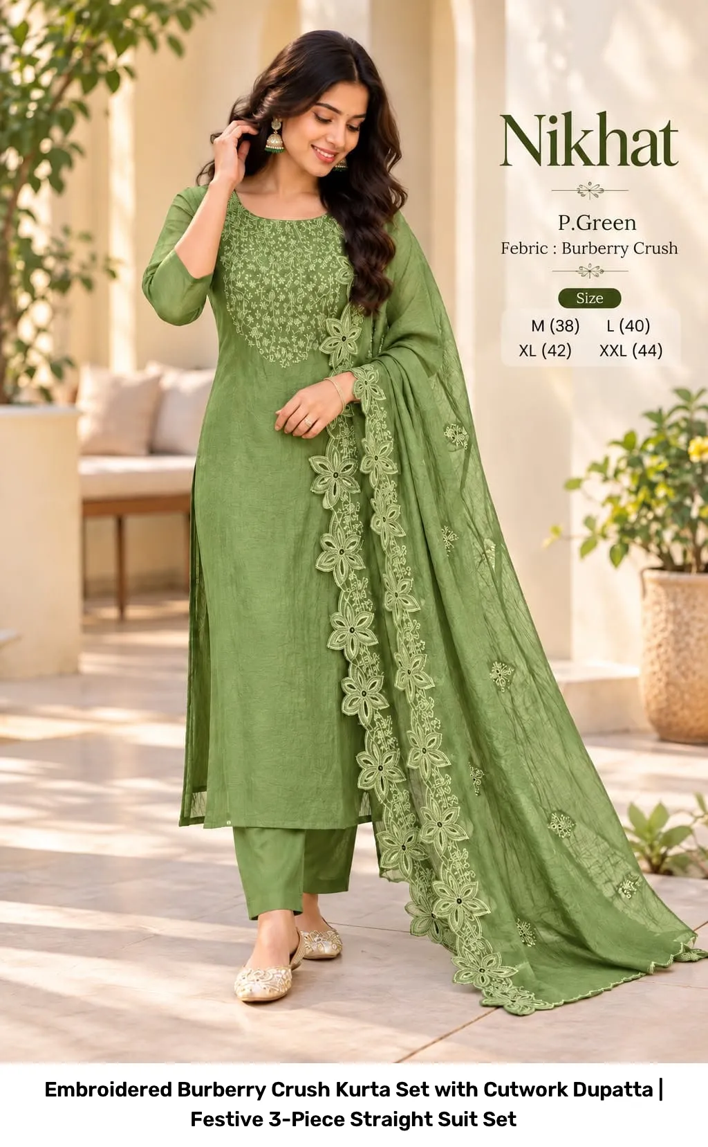 Embroidered Burberry Crush Kurta Set with Cutwork Dupatta | Festive 3-Piece Straight Suit Set 7