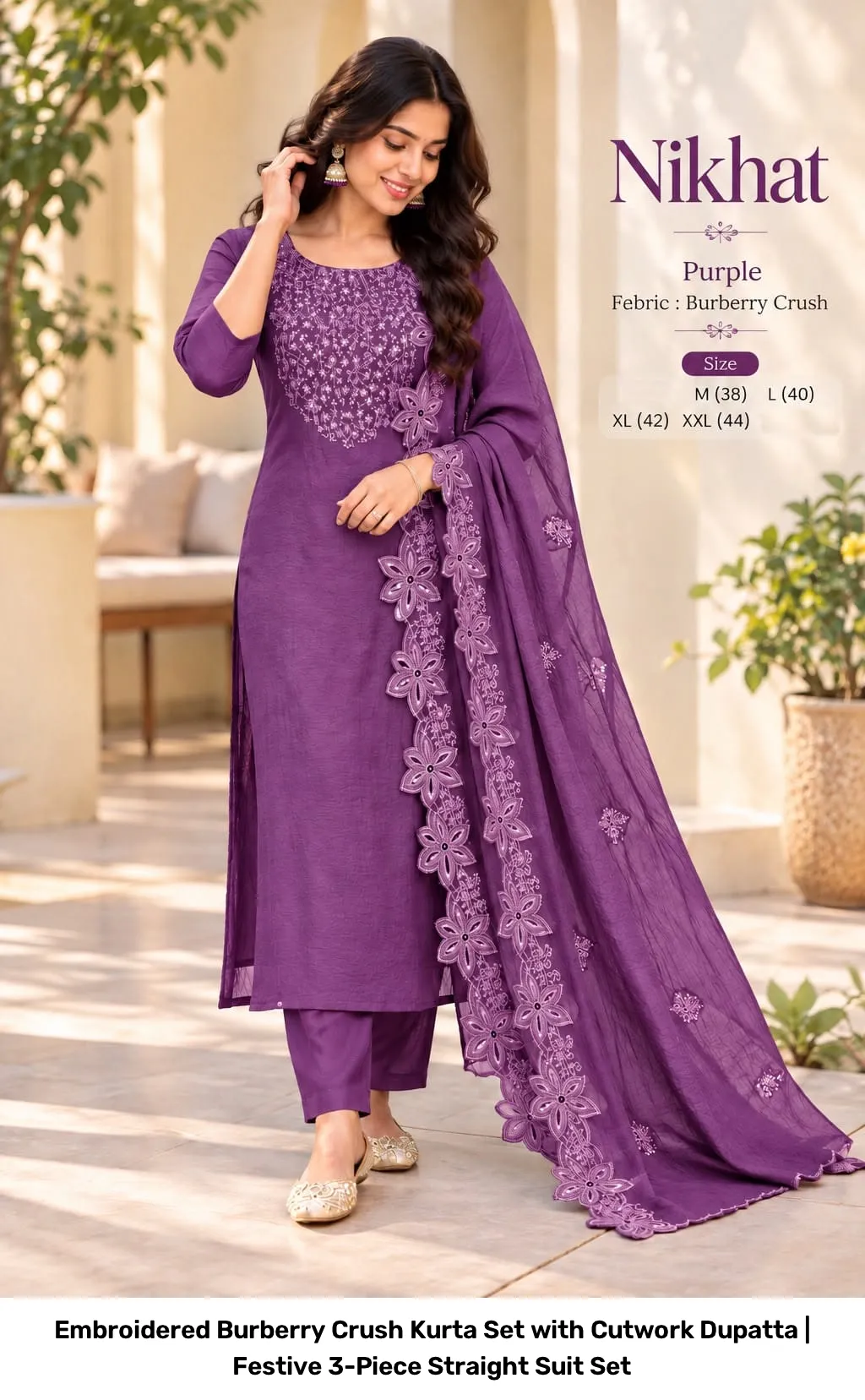 Embroidered Burberry Crush Kurta Set with Cutwork Dupatta | Festive 3-Piece Straight Suit Set 8