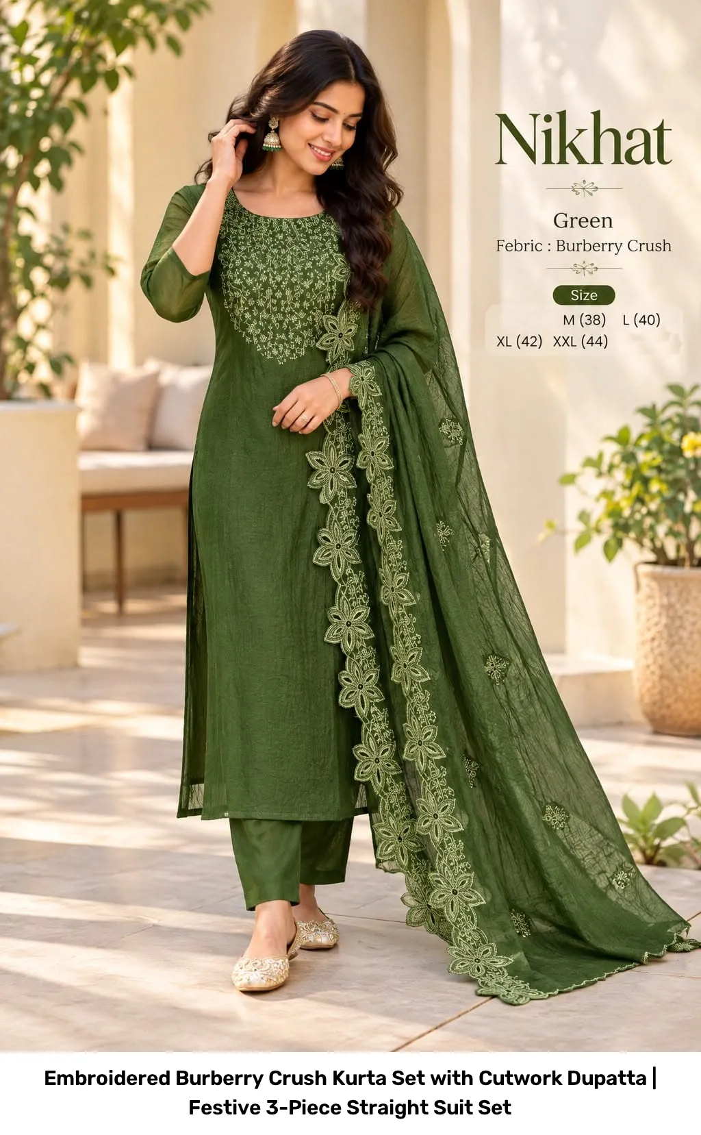 Embroidered Burberry Crush Kurta Set with Cutwork Dupatta | Festive 3-Piece Straight Suit Set 9
