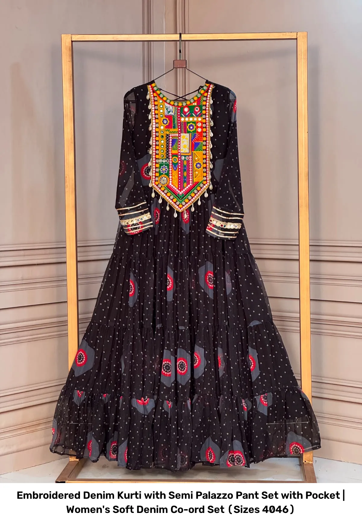 Embroidered Denim Kurti with Semi Palazzo Pant Set with Pocket | Women's Soft Denim Co-ord Set (Sizes 40–46) 10