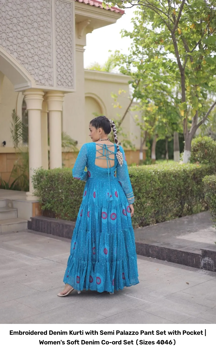 Embroidered Denim Kurti with Semi Palazzo Pant Set with Pocket | Women's Soft Denim Co-ord Set (Sizes 40–46) 13