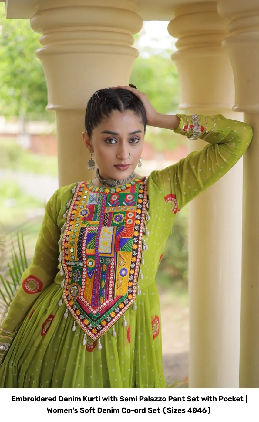 Embroidered Denim Kurti with Semi Palazzo Pant Set with Pocket | Women's Soft Denim Co-ord Set (Sizes 40–46) 14