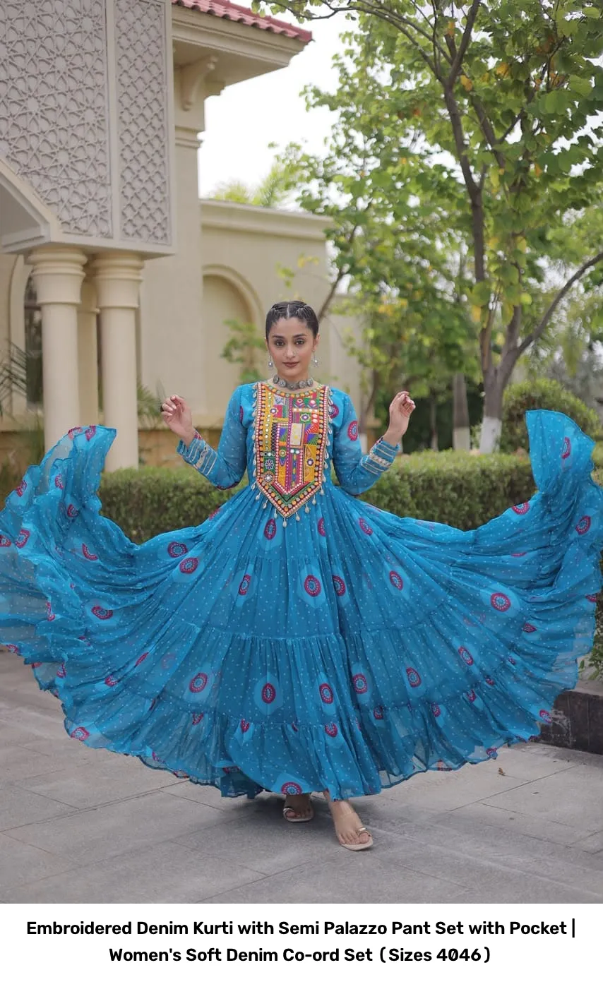 Embroidered Denim Kurti with Semi Palazzo Pant Set with Pocket | Women's Soft Denim Co-ord Set (Sizes 40–46) 2