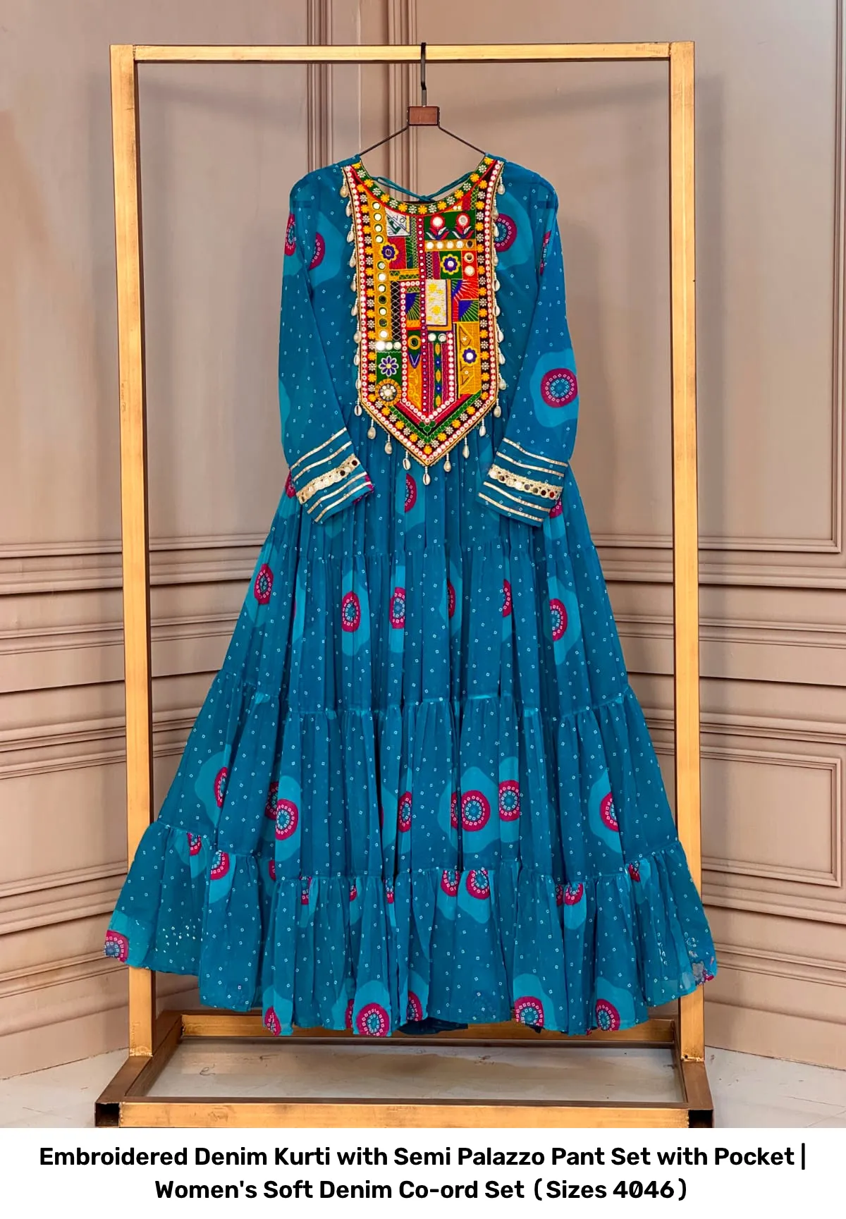 Embroidered Denim Kurti with Semi Palazzo Pant Set with Pocket | Women's Soft Denim Co-ord Set (Sizes 40–46) 4