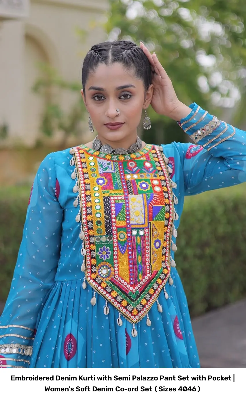 Embroidered Denim Kurti with Semi Palazzo Pant Set with Pocket | Women's Soft Denim Co-ord Set (Sizes 40–46) 5