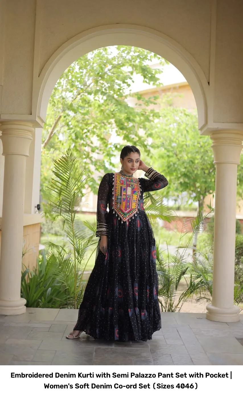 Embroidered Denim Kurti with Semi Palazzo Pant Set with Pocket | Women's Soft Denim Co-ord Set (Sizes 40–46) 8