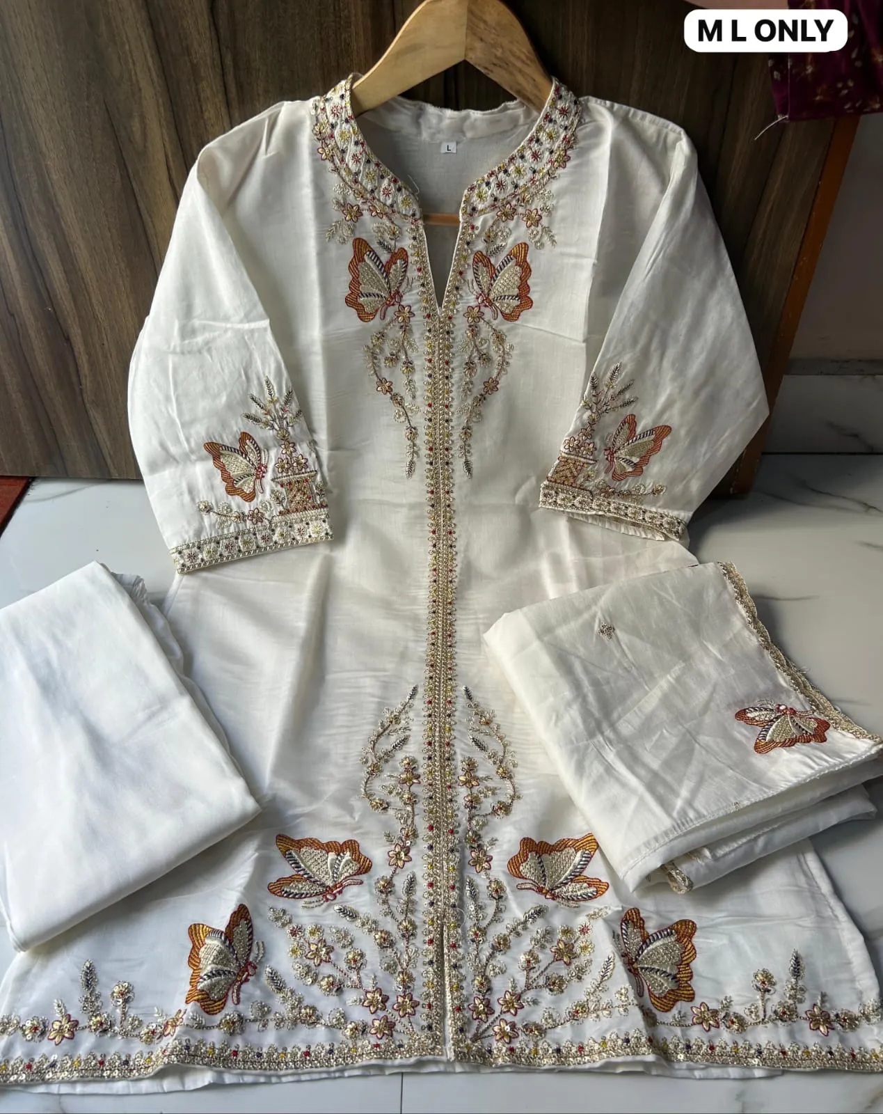 Embroidered Roman Silk Short Kurti Palazzo Set with Dupatta