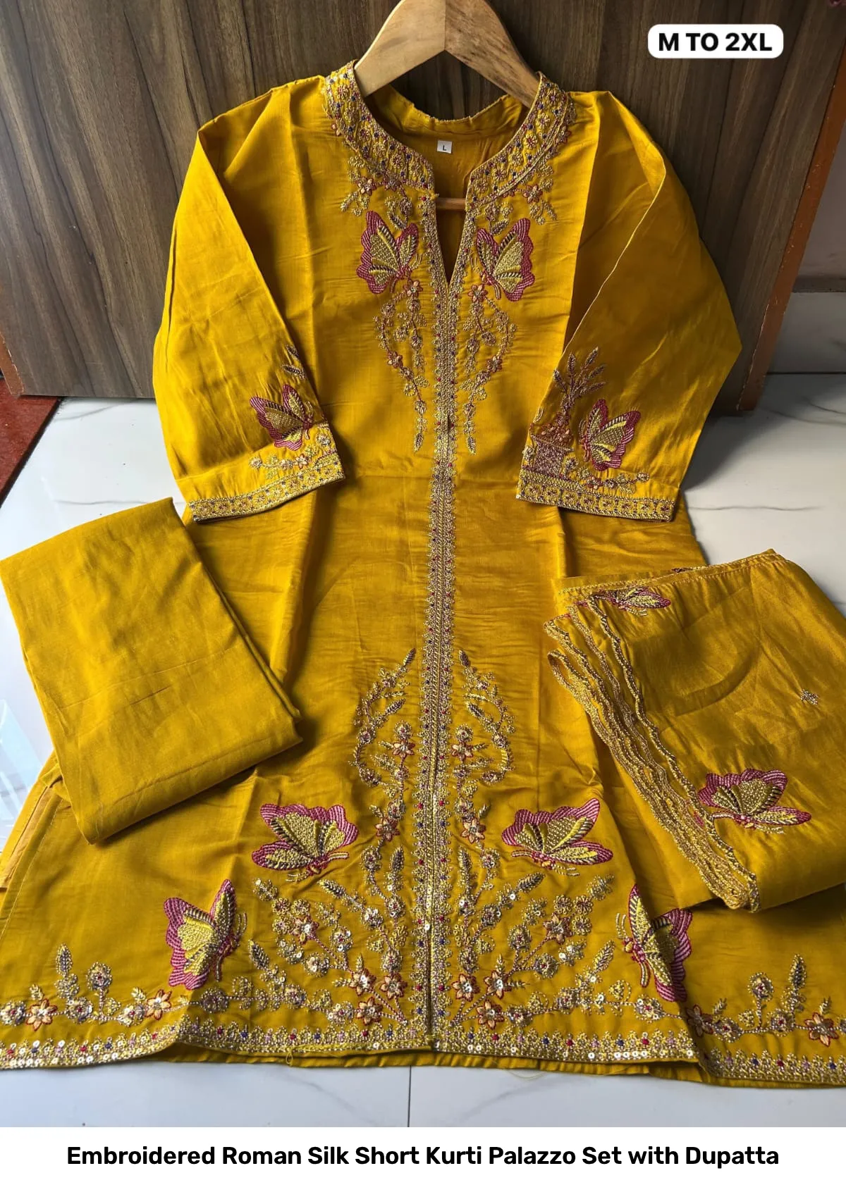 Embroidered Roman Silk Short Kurti Palazzo Set with Dupatta 2