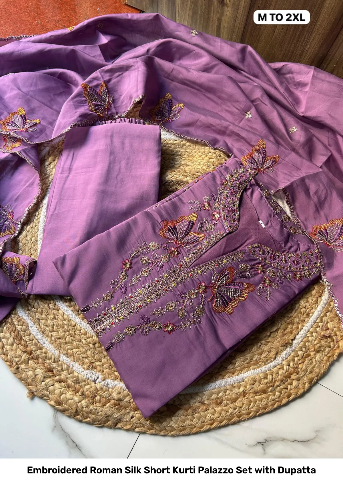 Embroidered Roman Silk Short Kurti Palazzo Set with Dupatta 3