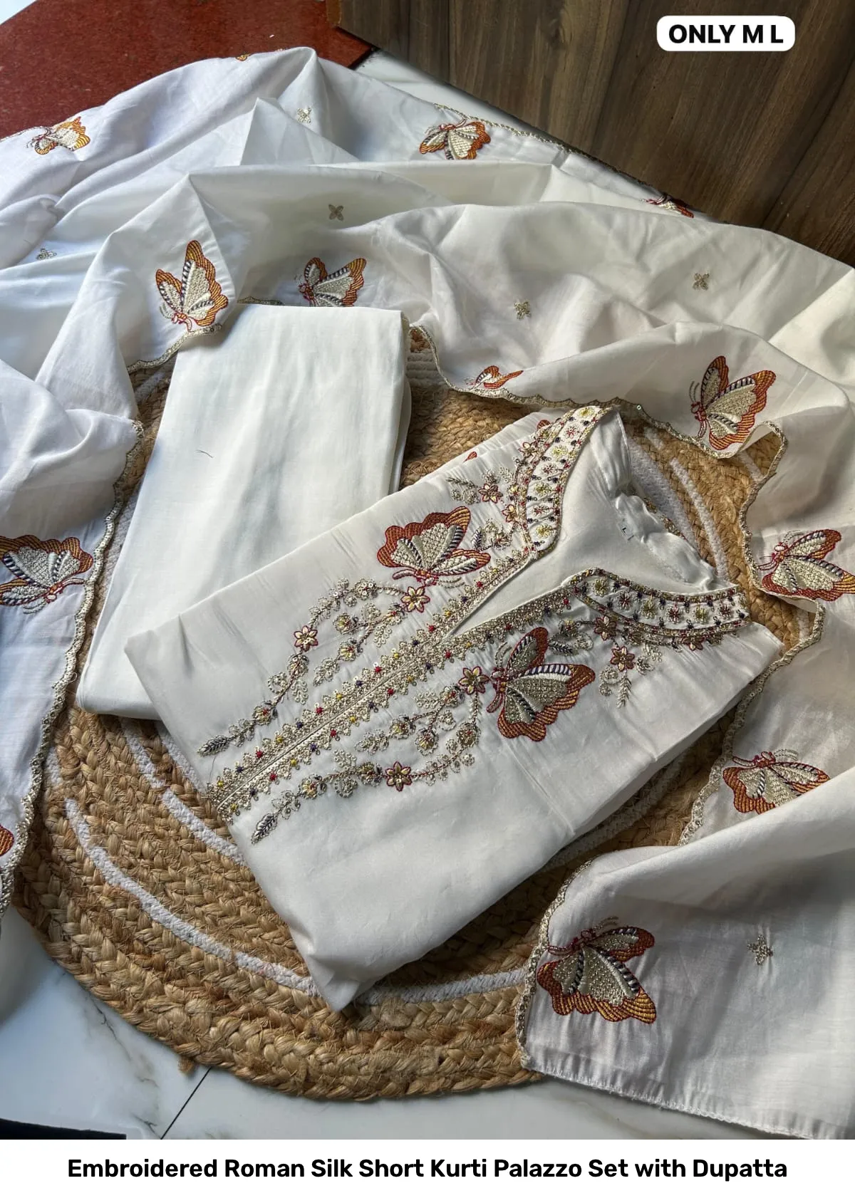 Embroidered Roman Silk Short Kurti Palazzo Set with Dupatta 4