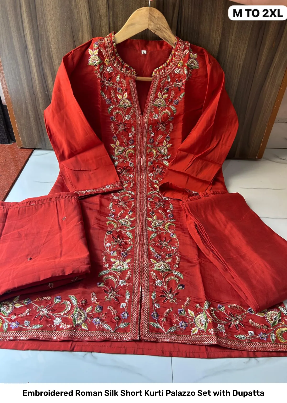 Embroidered Roman Silk Short Kurti Palazzo Set with Dupatta 5