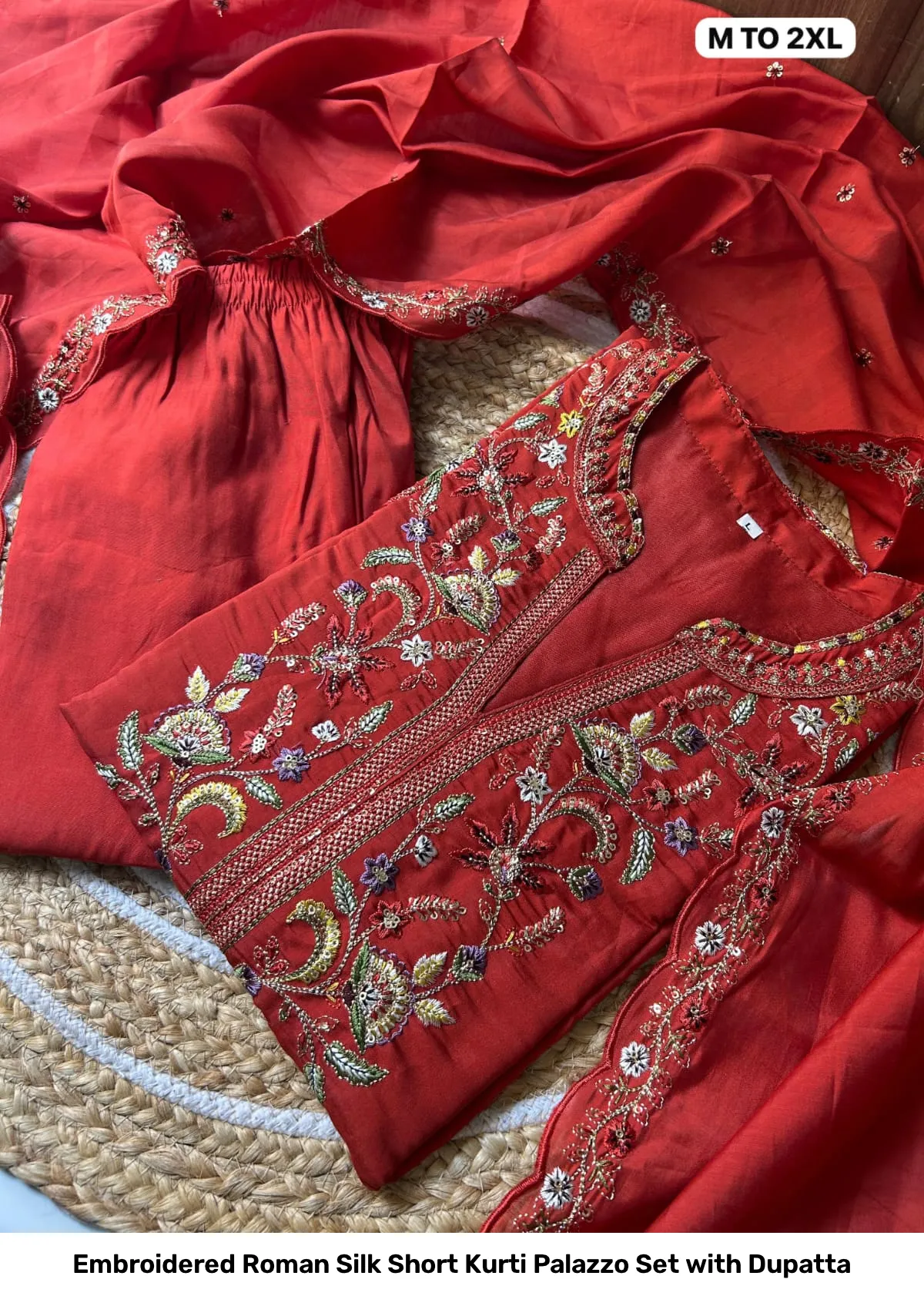 Embroidered Roman Silk Short Kurti Palazzo Set with Dupatta 6