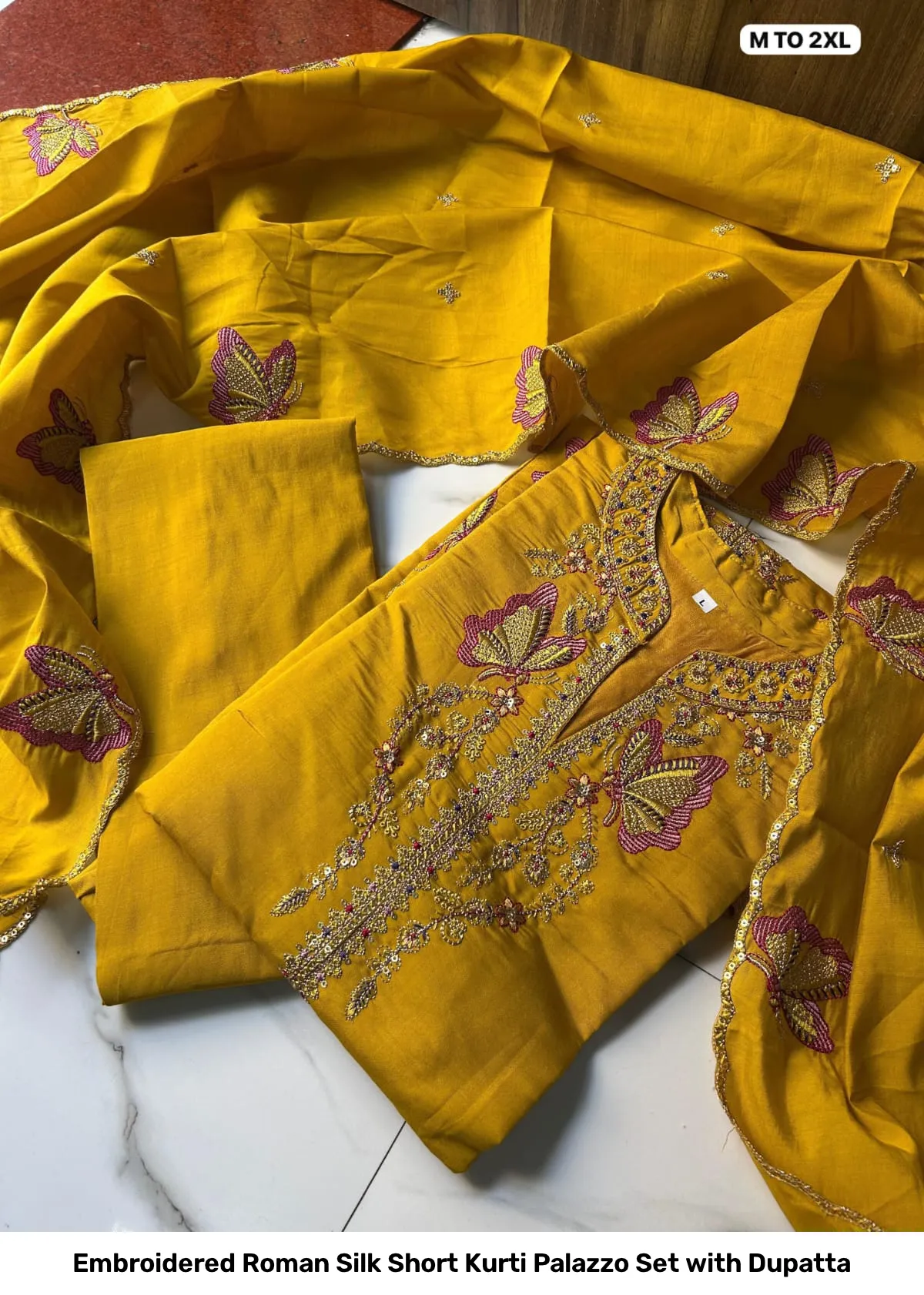 Embroidered Roman Silk Short Kurti Palazzo Set with Dupatta 7