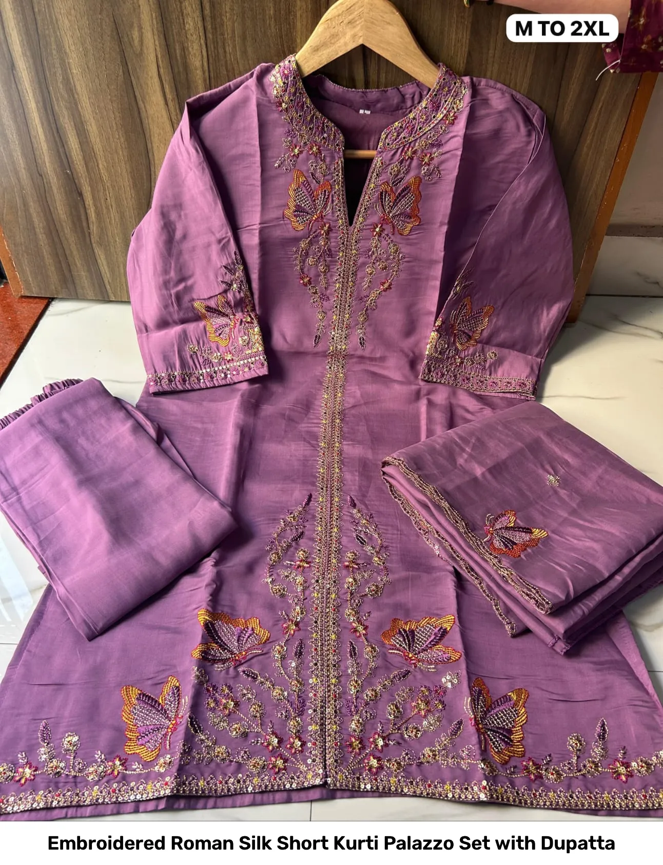 Embroidered Roman Silk Short Kurti Palazzo Set with Dupatta 8