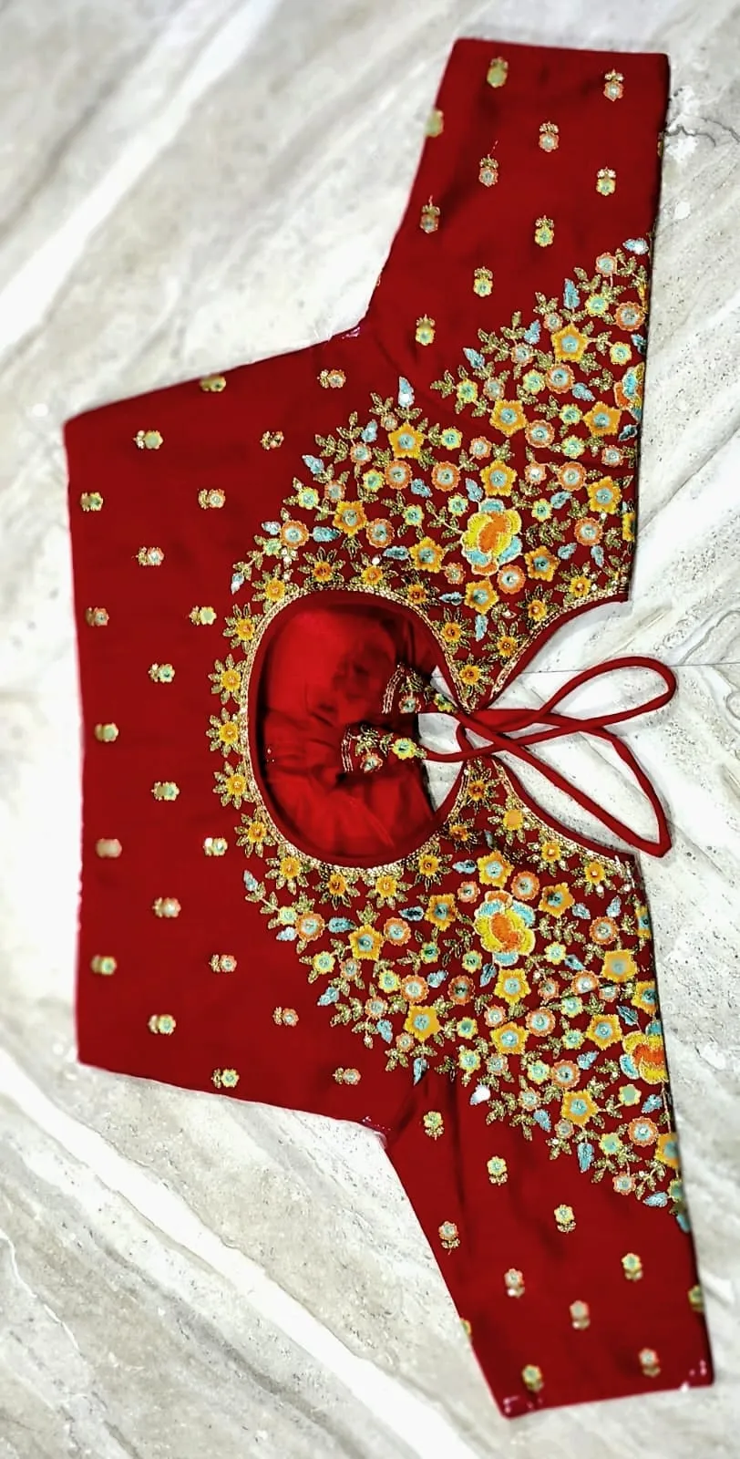 Embroidered Silk Bridal Readymade Blouse – Padded Cut Out Back with Dori & Glass Sleeves (Alterable 32-44)
