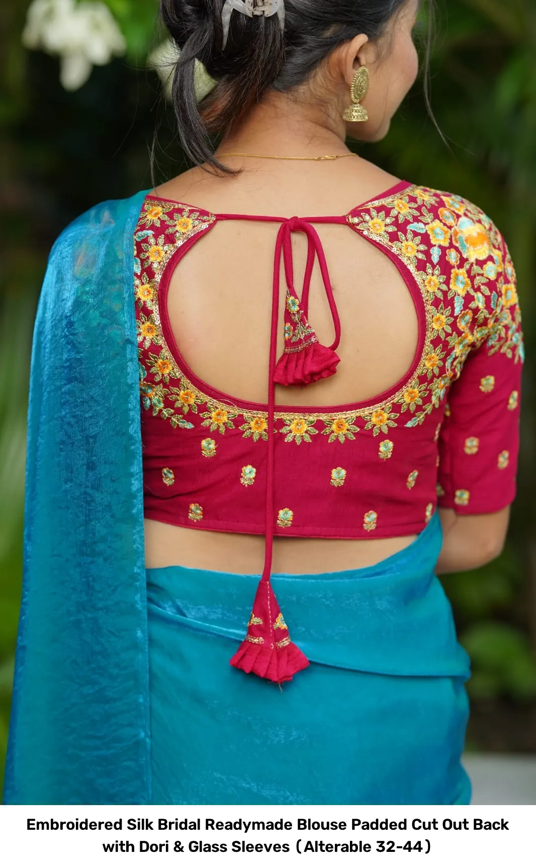 Embroidered Silk Bridal Readymade Blouse – Padded Cut Out Back with Dori & Glass Sleeves (Alterable 32-44) 2