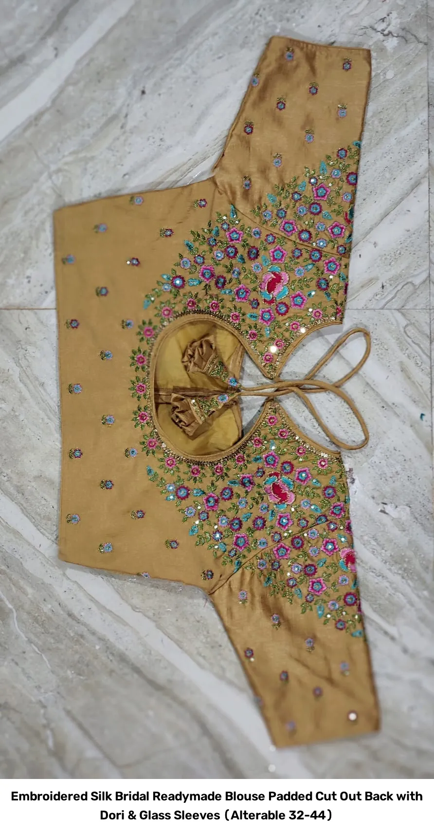 Embroidered Silk Bridal Readymade Blouse – Padded Cut Out Back with Dori & Glass Sleeves (Alterable 32-44) 4