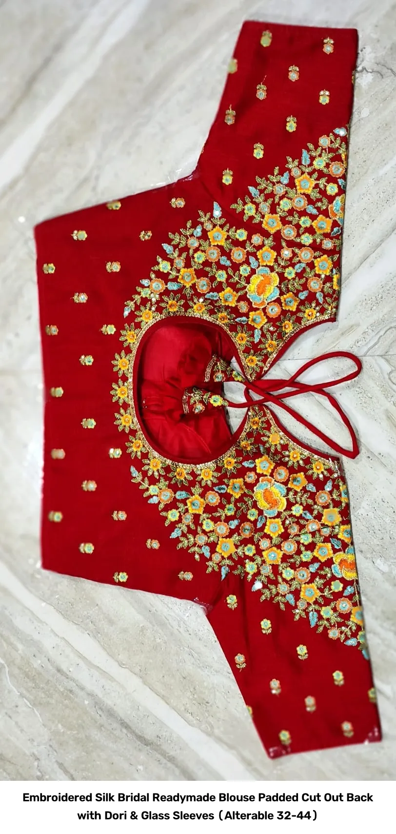 Embroidered Silk Bridal Readymade Blouse – Padded Cut Out Back with Dori & Glass Sleeves (Alterable 32-44) 5