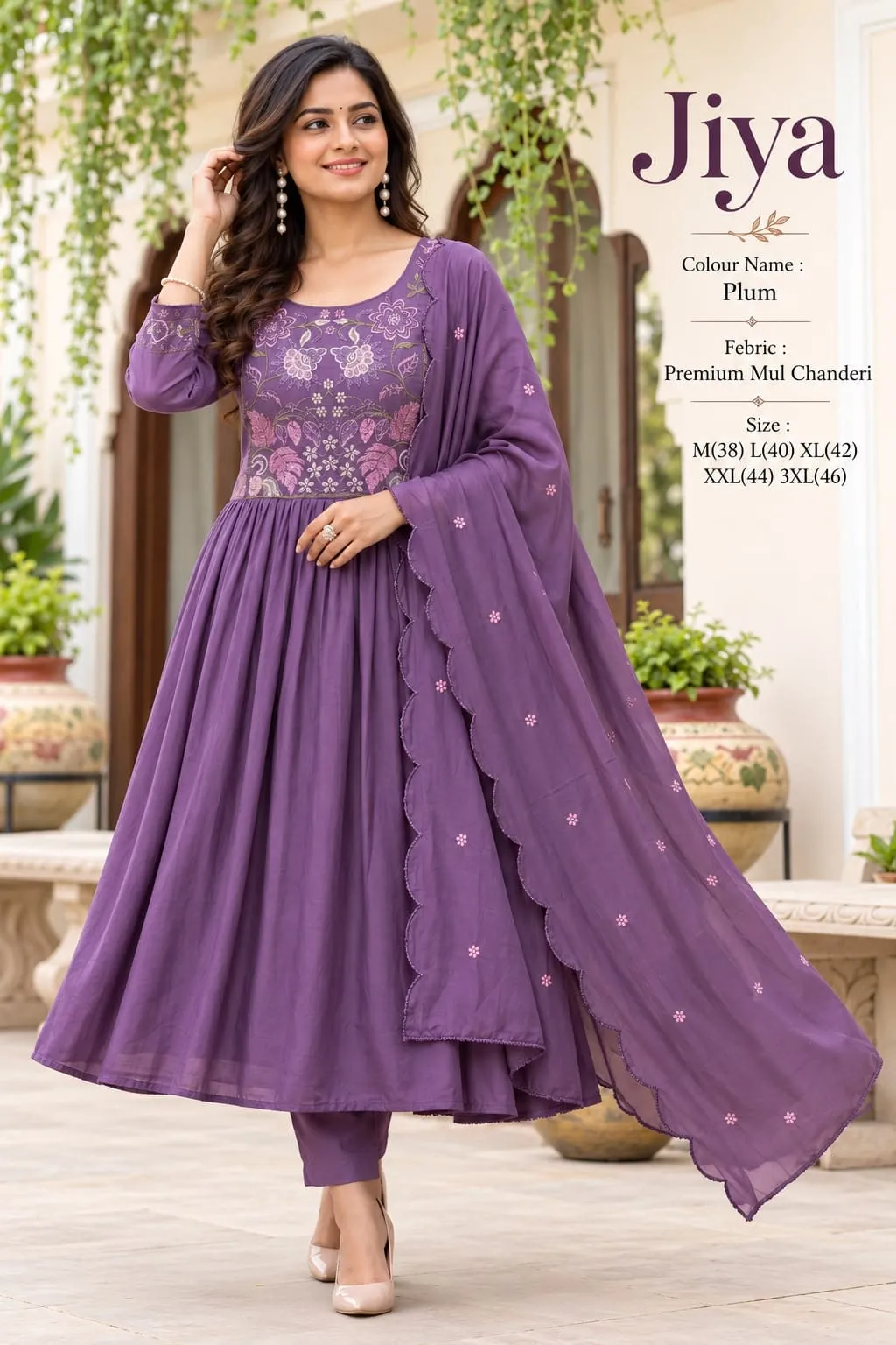 Embroidered Yoke Mul Chanderi Anarkali Suit Set with Cutwork Dupatta & Trousers | Festive Ethnic Wear