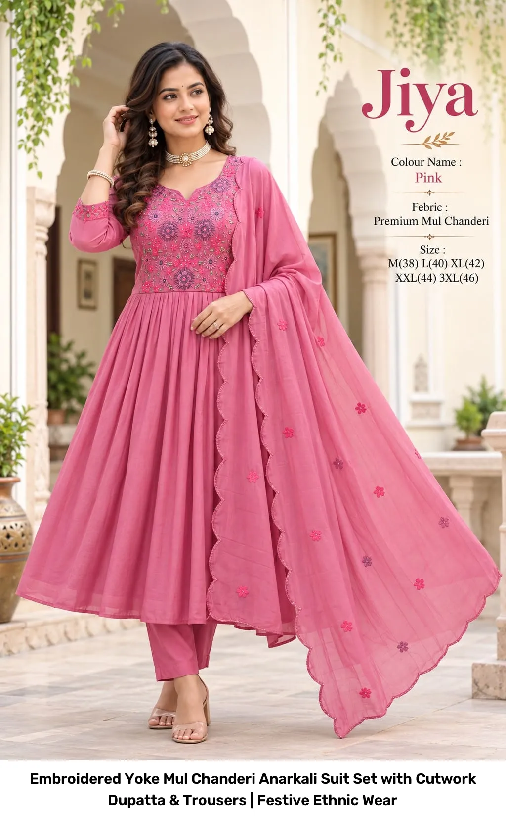 Embroidered Yoke Mul Chanderi Anarkali Suit Set with Cutwork Dupatta & Trousers | Festive Ethnic Wear 2