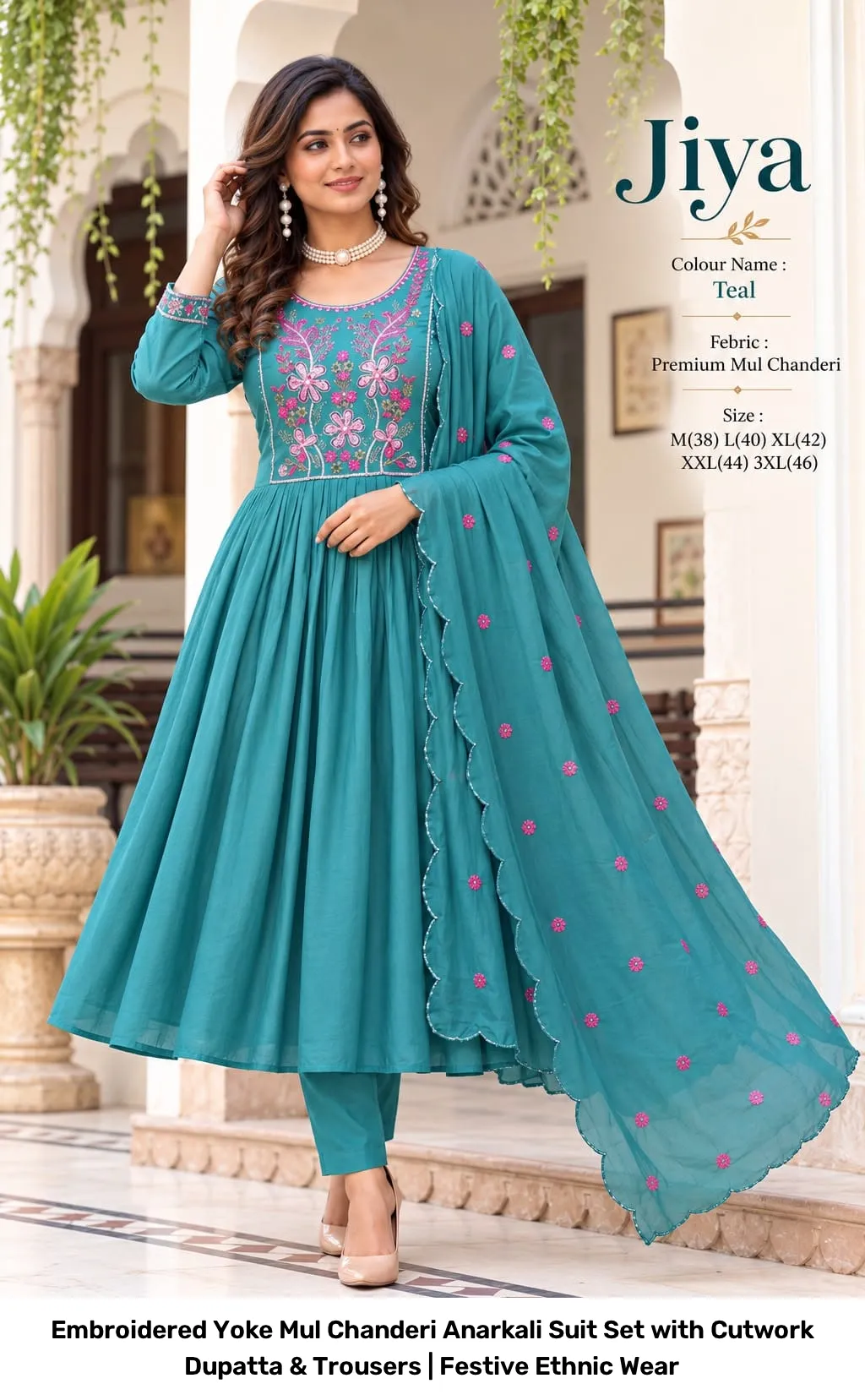 Embroidered Yoke Mul Chanderi Anarkali Suit Set with Cutwork Dupatta & Trousers | Festive Ethnic Wear 3