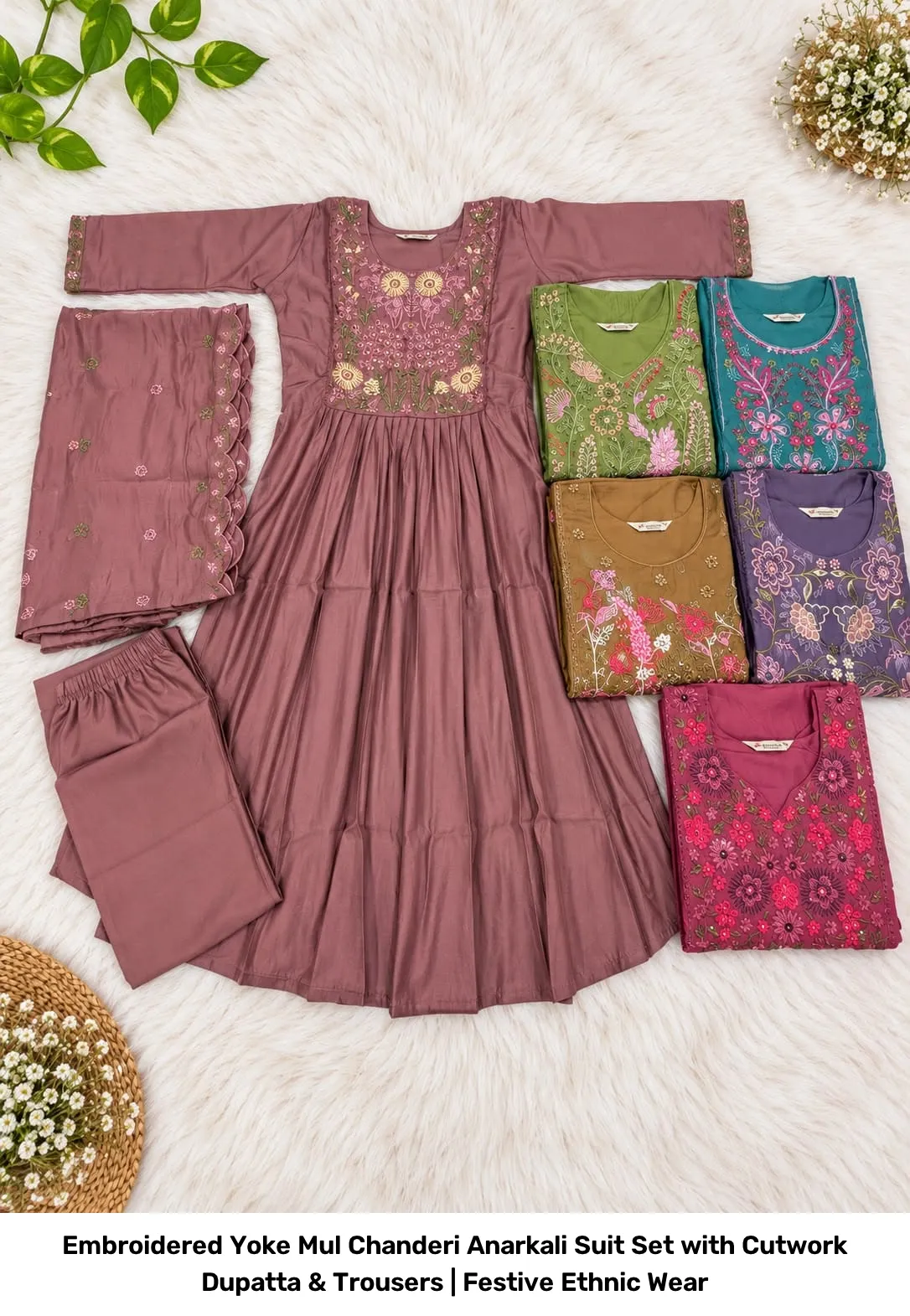 Embroidered Yoke Mul Chanderi Anarkali Suit Set with Cutwork Dupatta & Trousers | Festive Ethnic Wear 4
