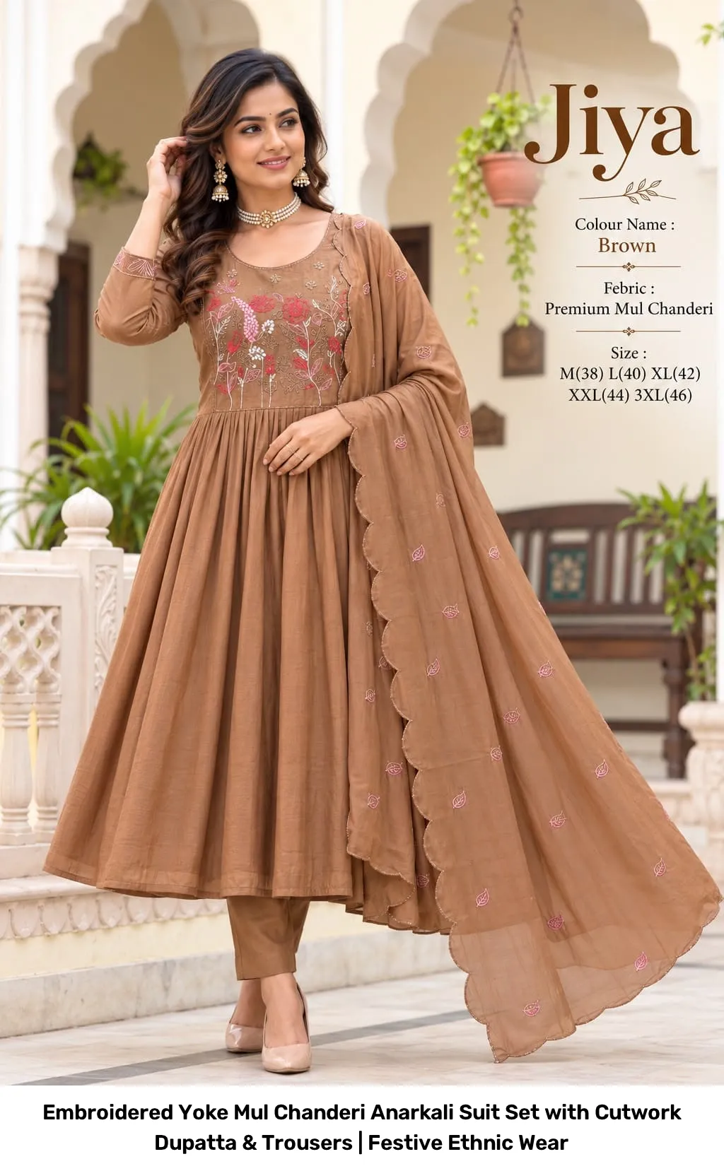 Embroidered Yoke Mul Chanderi Anarkali Suit Set with Cutwork Dupatta & Trousers | Festive Ethnic Wear 5
