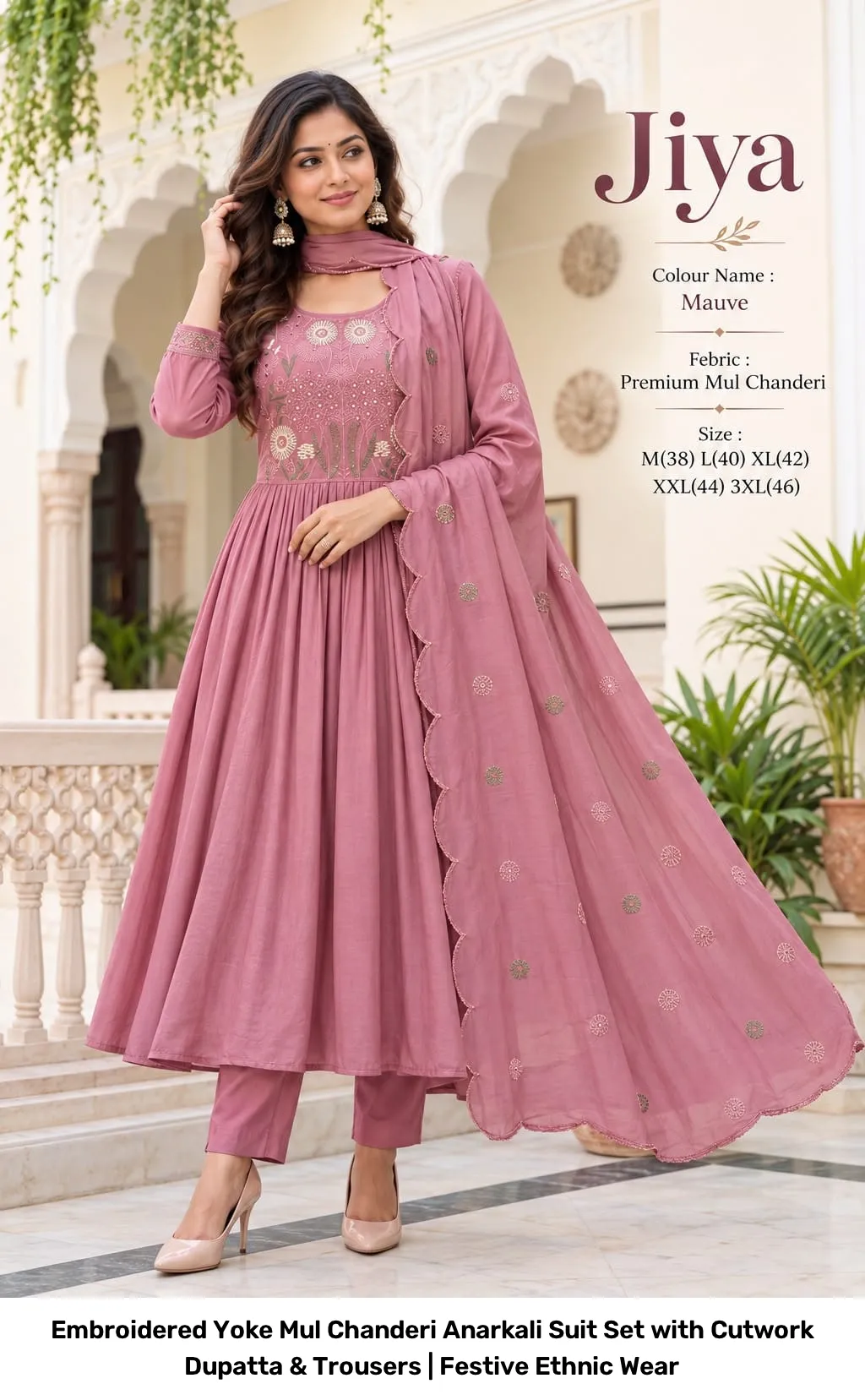 Embroidered Yoke Mul Chanderi Anarkali Suit Set with Cutwork Dupatta & Trousers | Festive Ethnic Wear 6