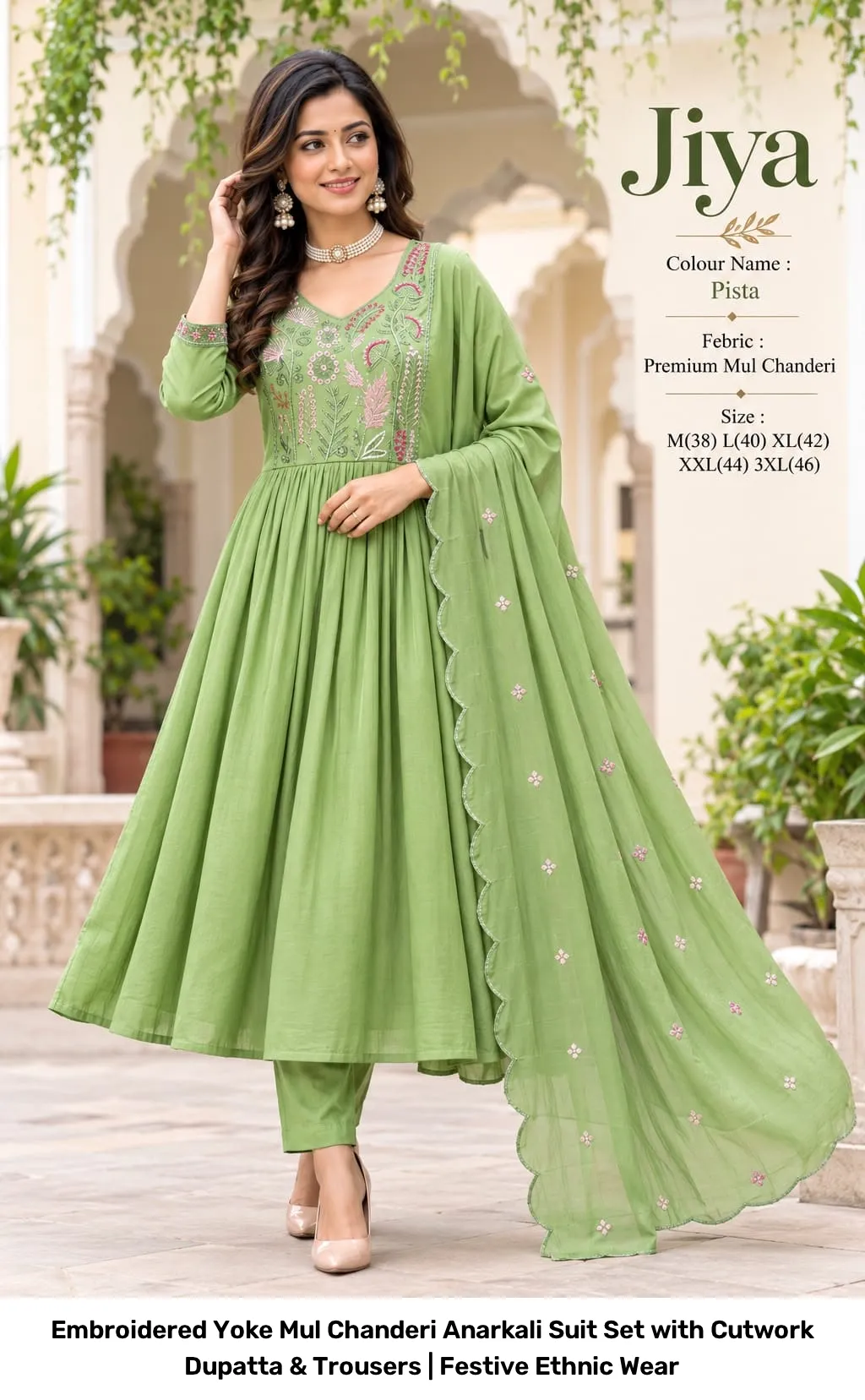 Embroidered Yoke Mul Chanderi Anarkali Suit Set with Cutwork Dupatta & Trousers | Festive Ethnic Wear 7