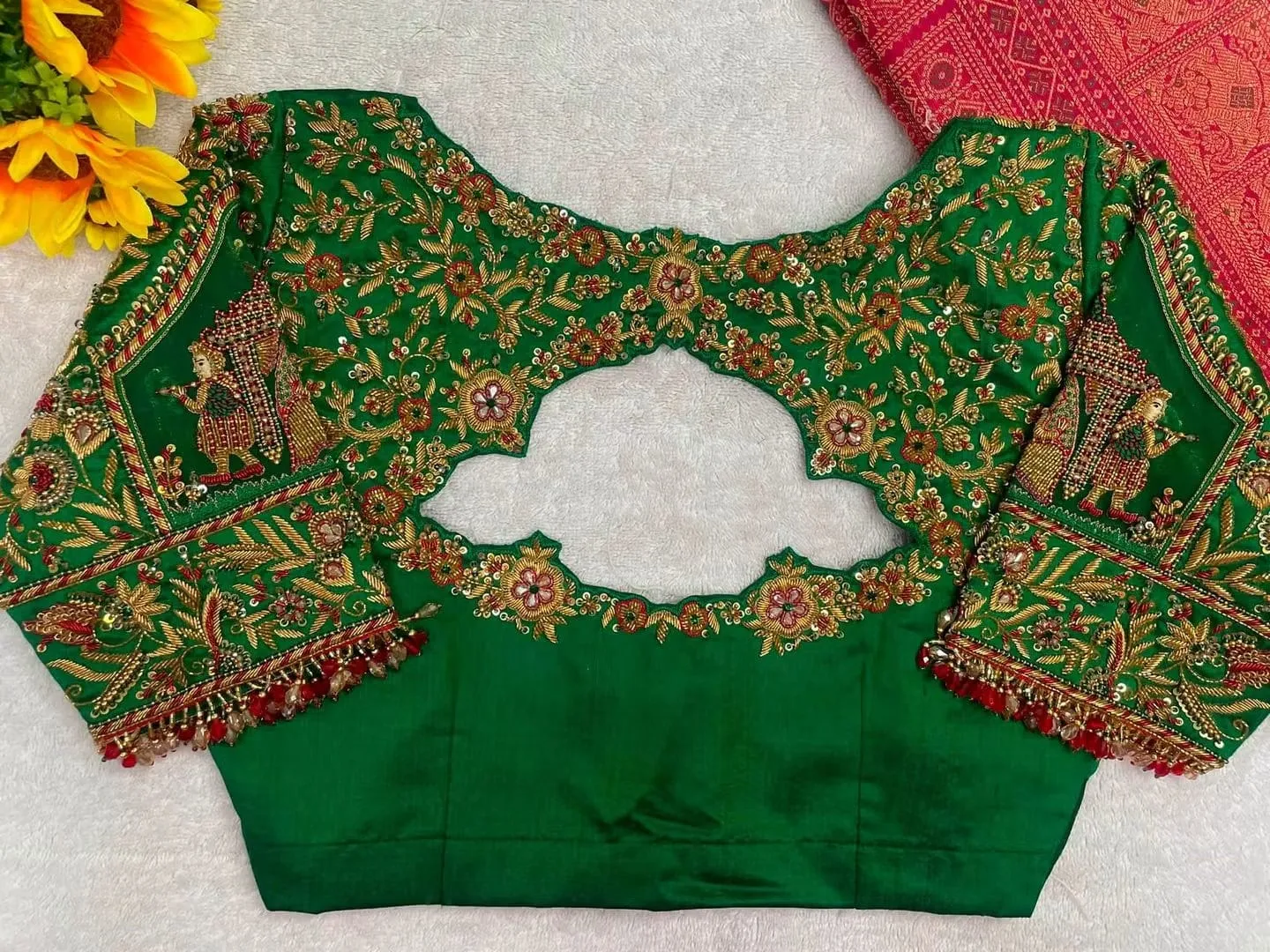 Emerald Green Bridal Maggam Work Blouse | Radha Krishna Motif & Heavy Saree Blouse