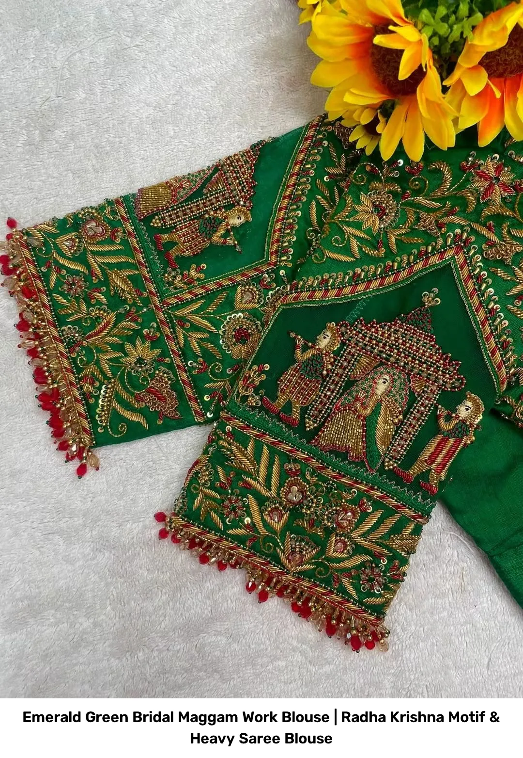 Emerald Green Bridal Maggam Work Blouse | Radha Krishna Motif & Heavy Saree Blouse 2