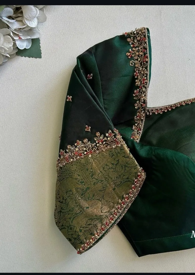 Emerald Green Handcrafted Aari Work Bridal Blouse – Scalloped Cutout Back Neck Designer Blouse