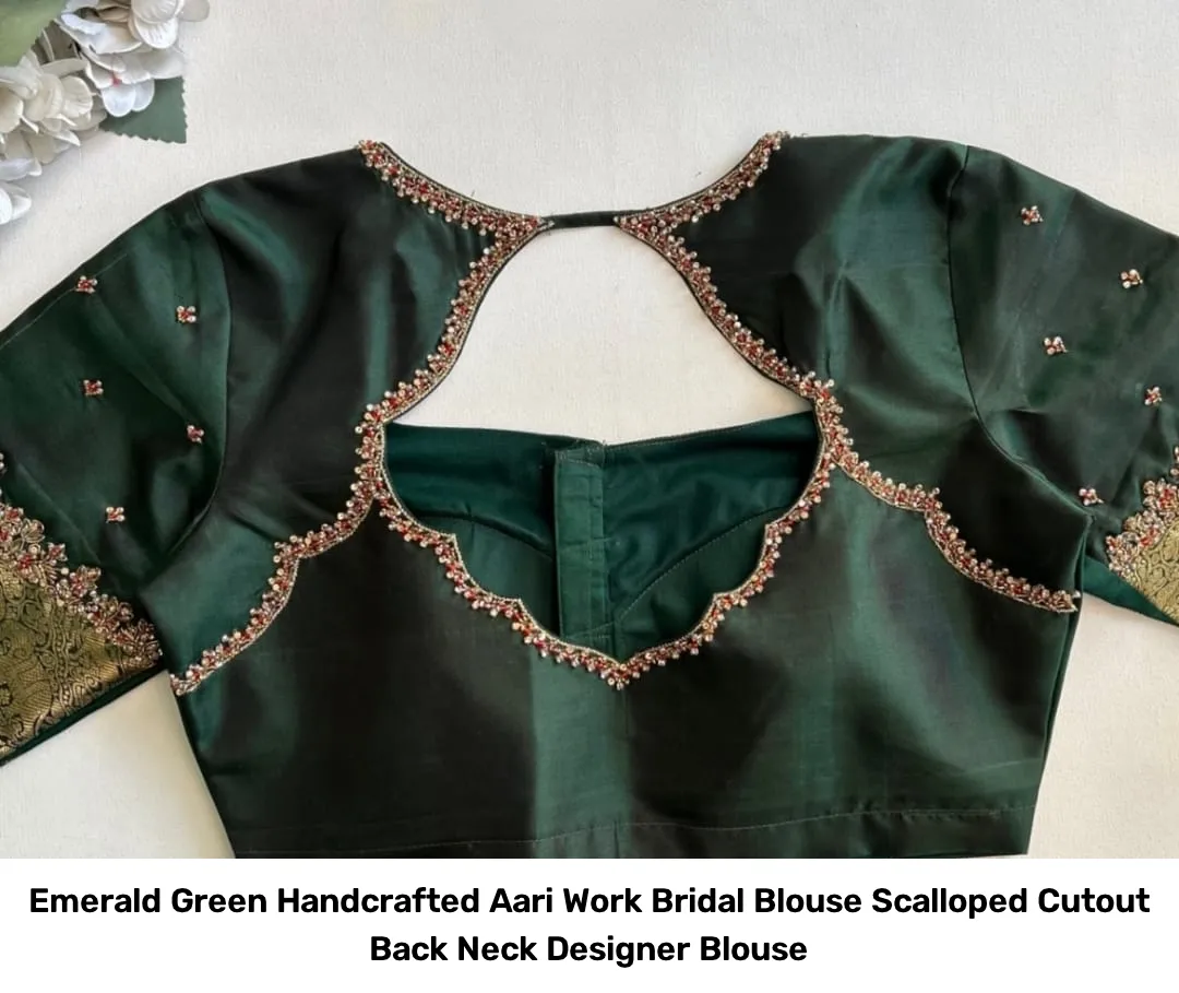 Emerald Green Handcrafted Aari Work Bridal Blouse – Scalloped Cutout Back Neck Designer Blouse 2