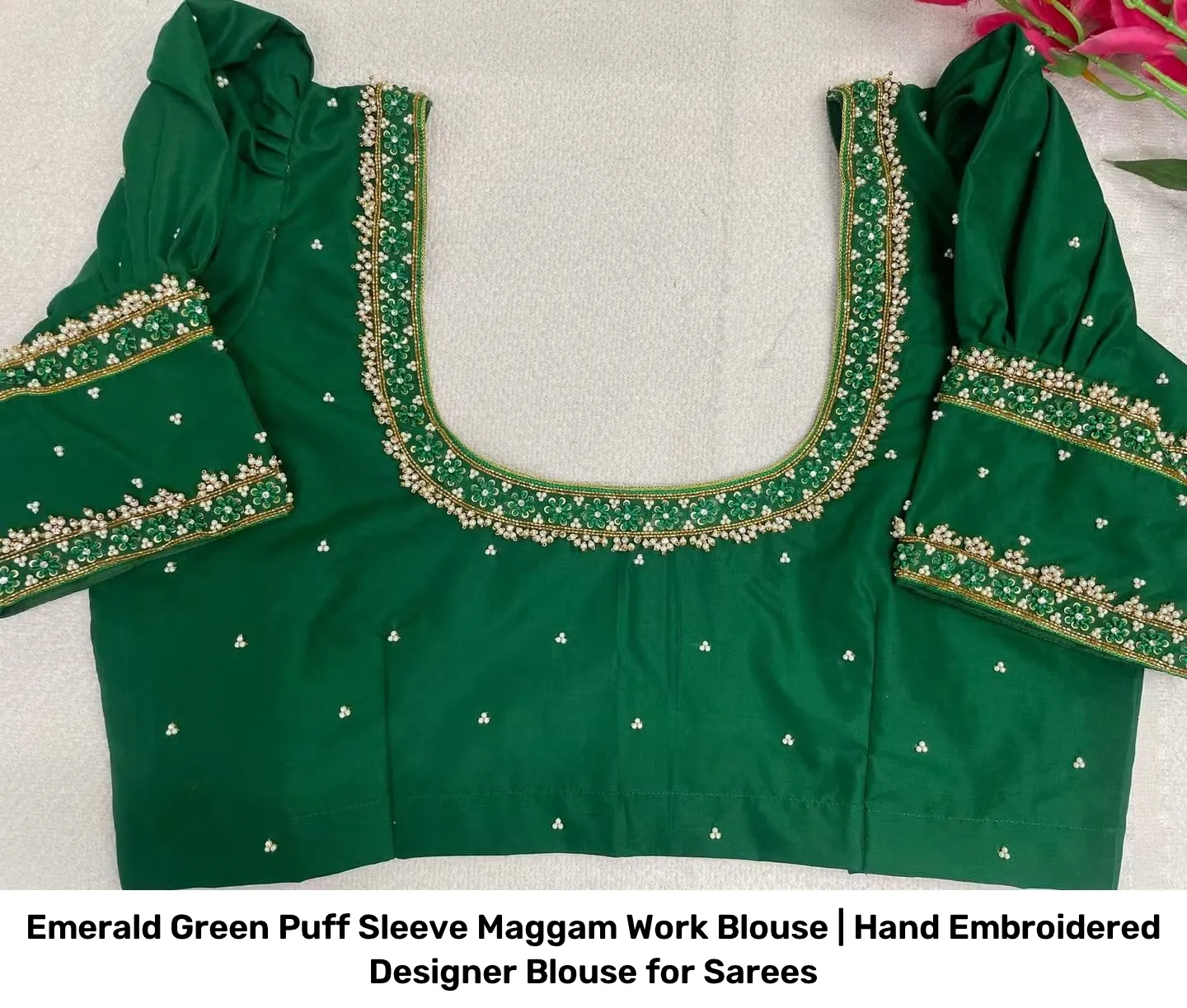 Emerald Green Puff Sleeve Maggam Work Blouse | Hand Embroidered Designer Blouse for Sarees 2