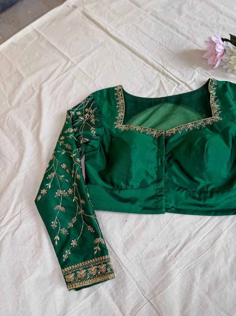 Emerald Green Raw Silk Full Sleeve Maggam Work Blouse | Cut-Out Back Hand Embroidered Aari Work Saree Blouse