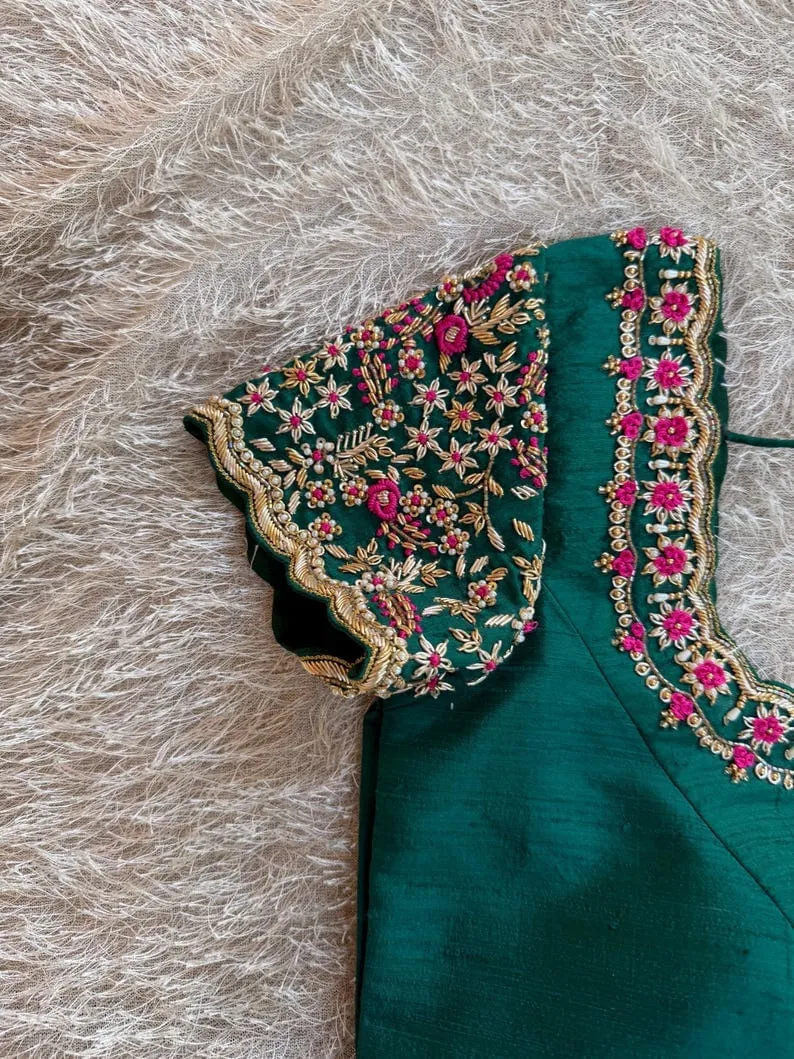 Emerald Green Raw Silk Maggam Work Blouse | Contrast Pink Floral Hand Embroidered Aari Work Saree Blouse