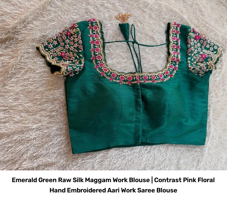 Emerald Green Raw Silk Maggam Work Blouse | Contrast Pink Floral Hand Embroidered Aari Work Saree Blouse 2