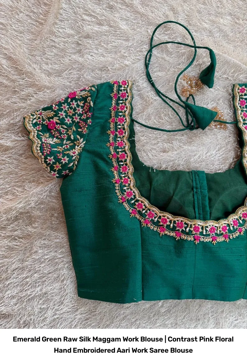 Emerald Green Raw Silk Maggam Work Blouse | Contrast Pink Floral Hand Embroidered Aari Work Saree Blouse 3