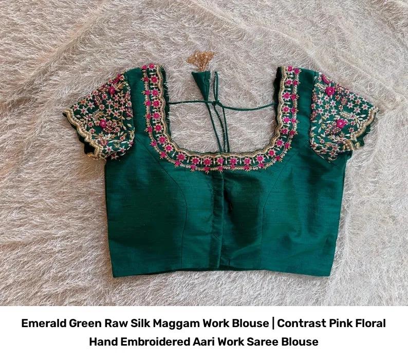 Emerald Green Raw Silk Maggam Work Blouse | Contrast Pink Floral Hand Embroidered Aari Work Saree Blouse 4