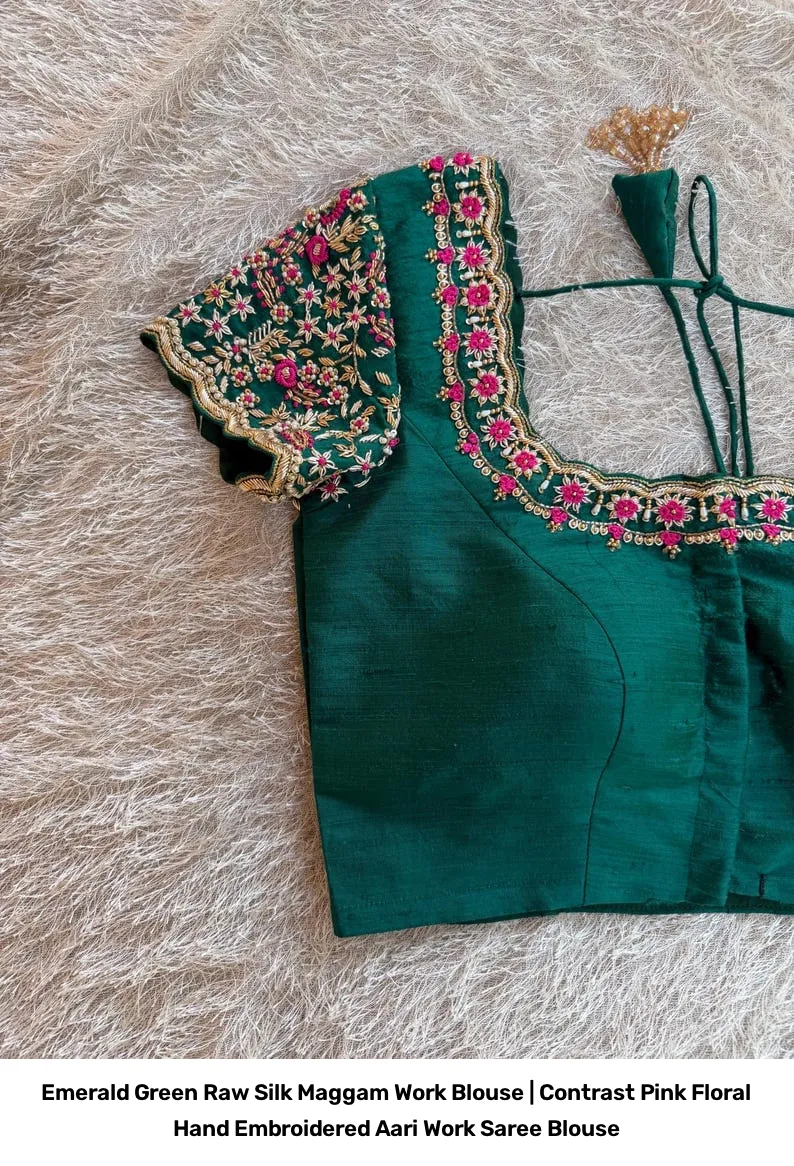 Emerald Green Raw Silk Maggam Work Blouse | Contrast Pink Floral Hand Embroidered Aari Work Saree Blouse 5