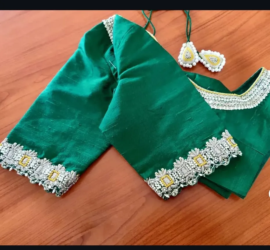Emerald Green Raw Silk Saree Blouse – Silver Zari & Cutdana Hand Embroidered Deep U-Neck Bridal Blouse with Latkan