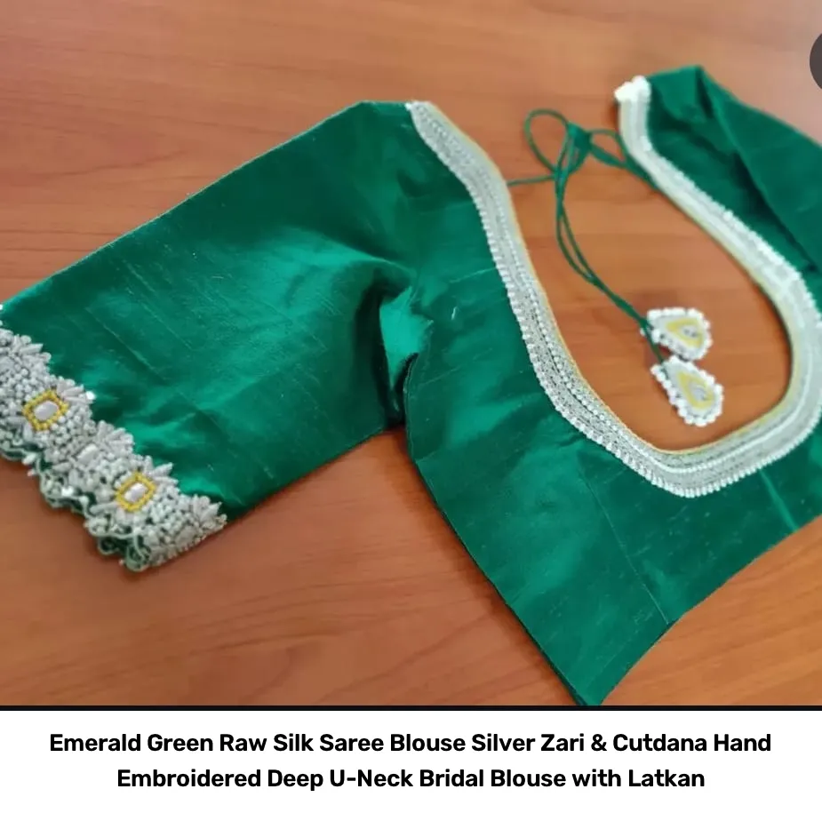 Emerald Green Raw Silk Saree Blouse – Silver Zari & Cutdana Hand Embroidered Deep U-Neck Bridal Blouse with Latkan 2