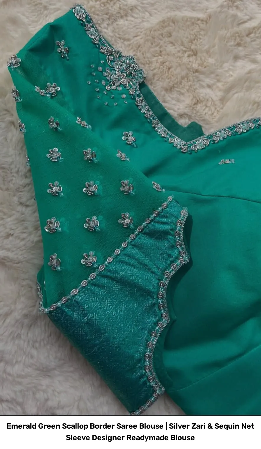 Emerald Green Scallop Border Saree Blouse | Silver Zari & Sequin Net Sleeve Designer Readymade Blouse 3