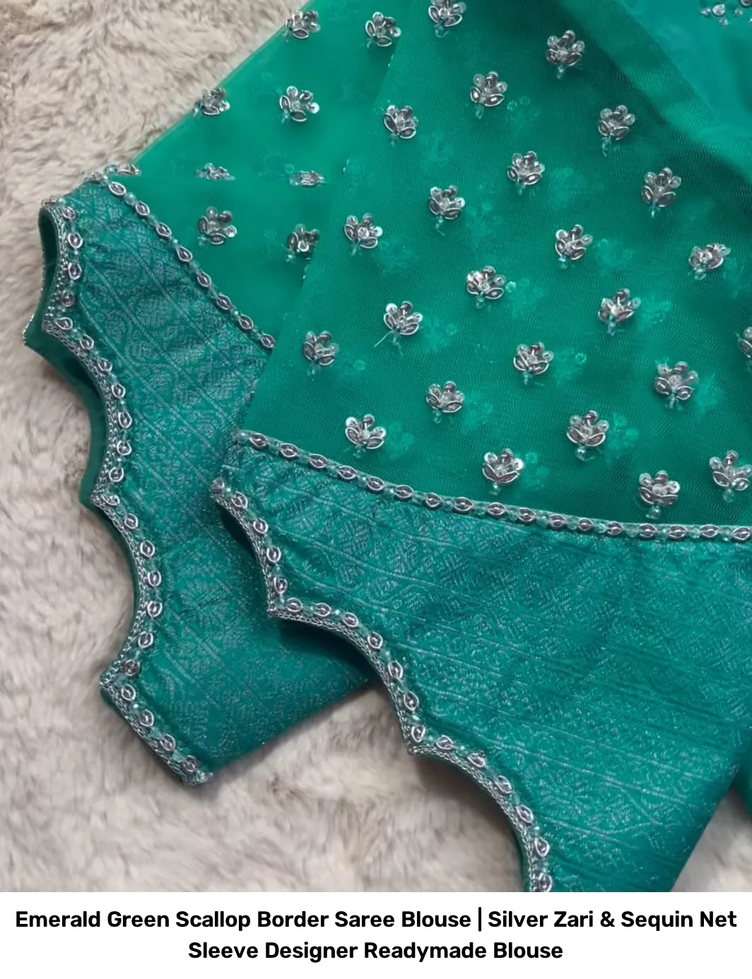 Emerald Green Scallop Border Saree Blouse | Silver Zari & Sequin Net Sleeve Designer Readymade Blouse 4